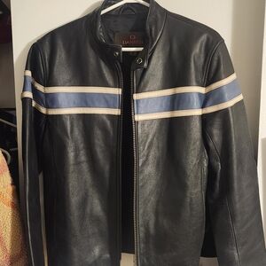 Vintage Danier Black Jacket with Blue and Cream Stripes